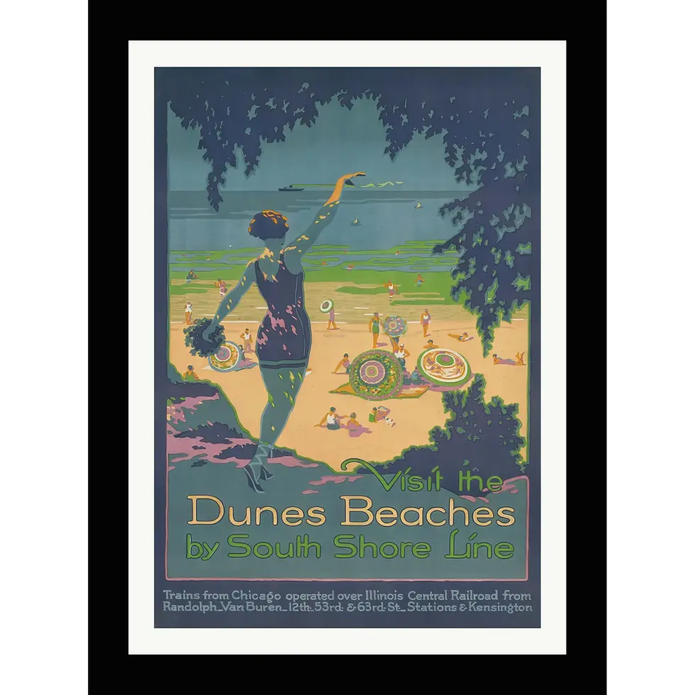 Vintage illustration of a bather overlooking a crowded sunny beach.