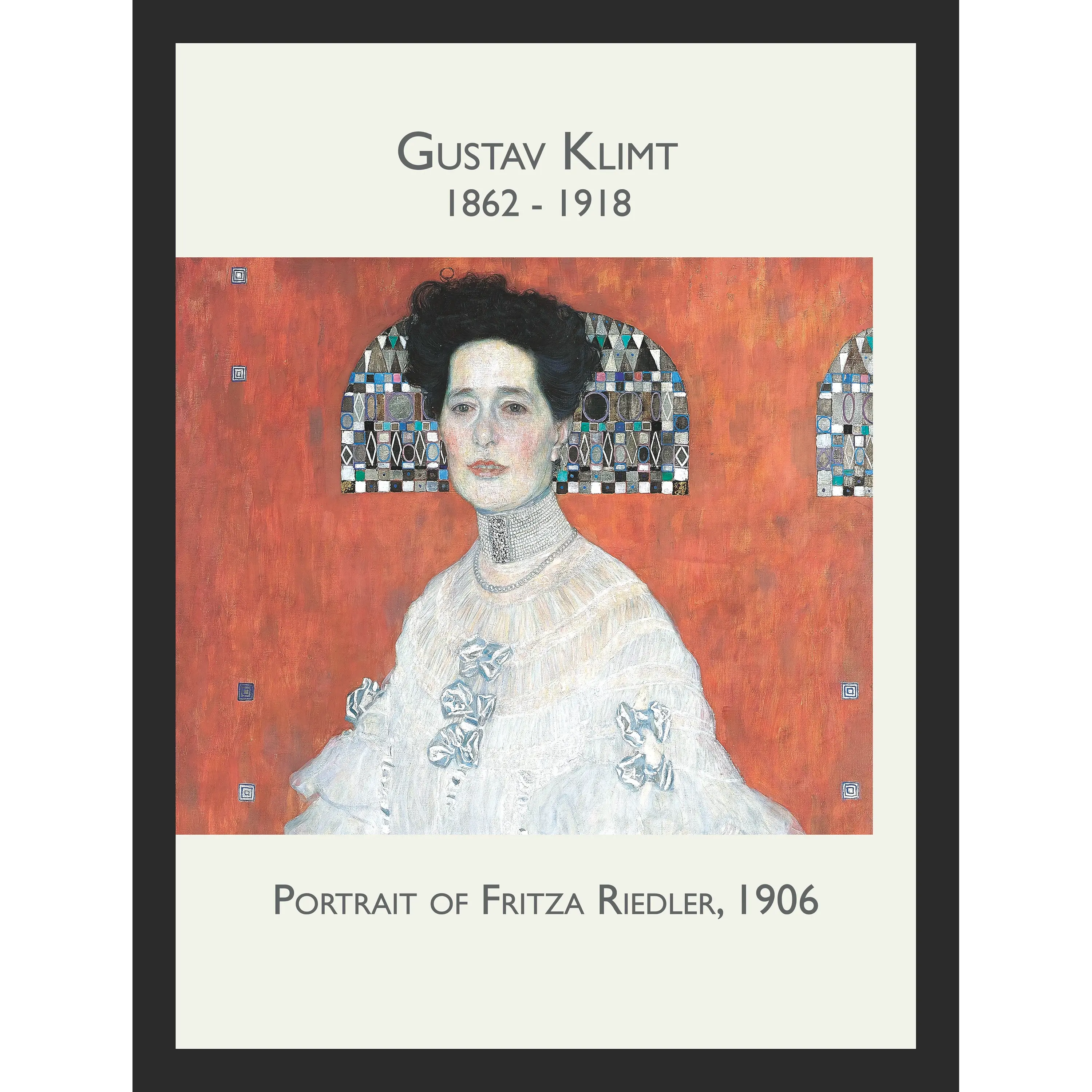 A realistic woman in a white ruffled dress sits before a textured orange wall with a geometric, mosaic-patterned headrest