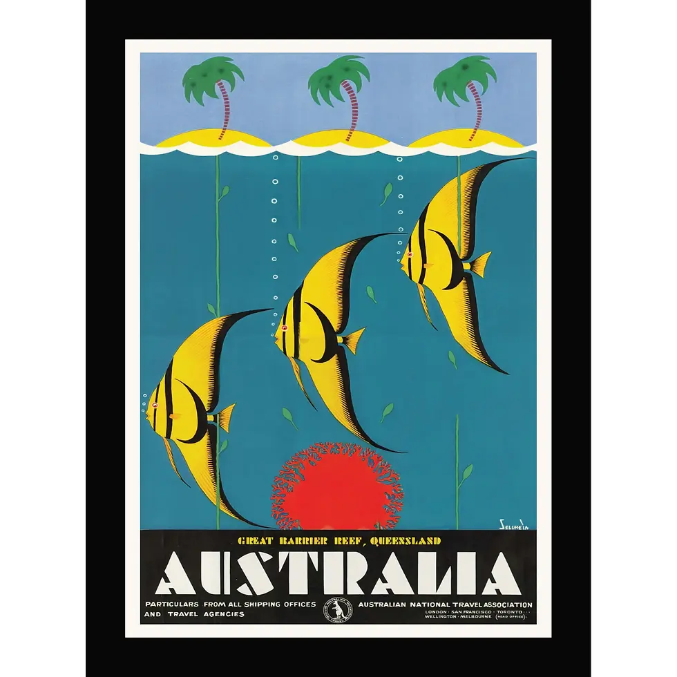 Modernist travel poster featuring three yellow angelfish and palm islands.
