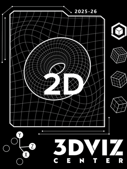 A torus shape surrounded by a grid and various decorative elements, labeled "2D".