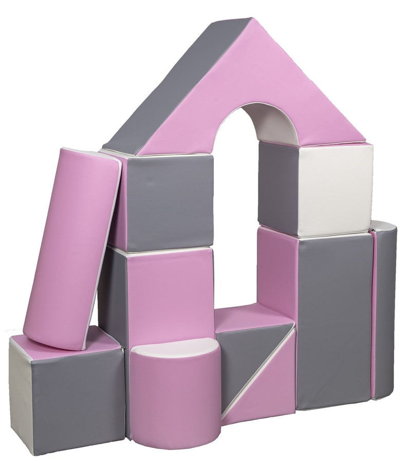 Thumbnail: grey and pink castle building blocks 11 pieces | soft play castle pink and grey colours |