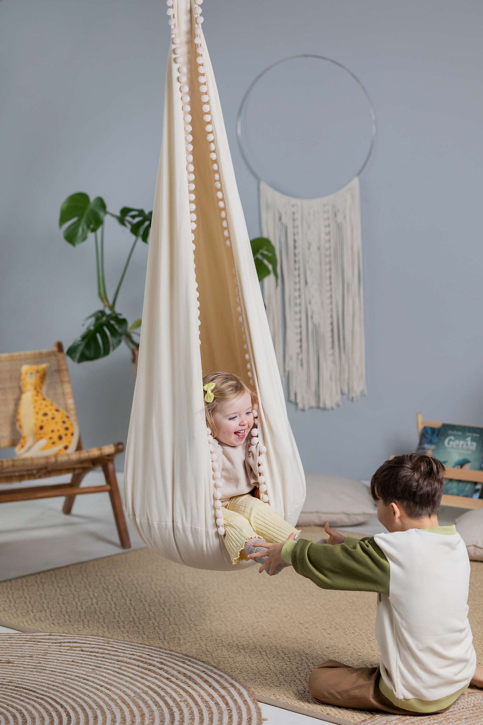 Thumbnail: cream kids cocoon swing | cream kids hanging cocoon chair swing | kids cocoon swing yellow and cream |