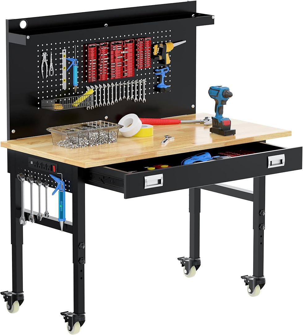 48" Heavy Duty Adjustable Workbench with Large Pegboard, Adjustable Work Table with Power Outlets & Lockable Wheels