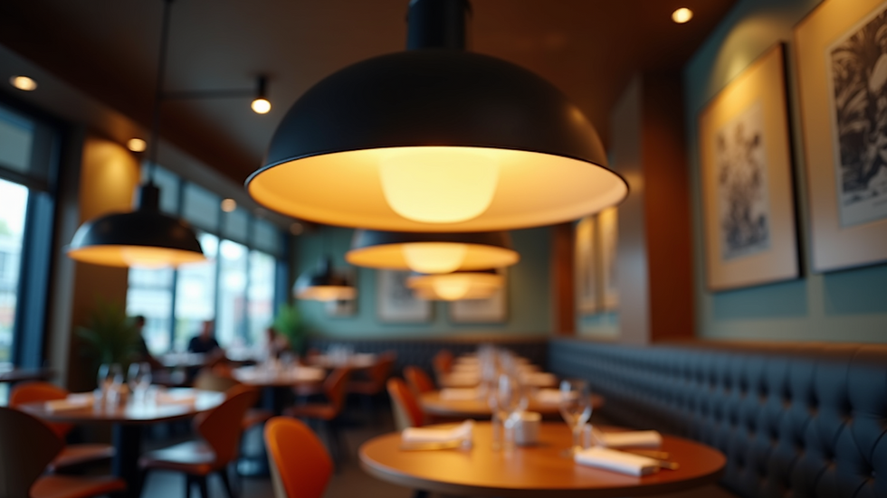 Eye-level view of a modern pendant light fixture in a stylish restaurant
