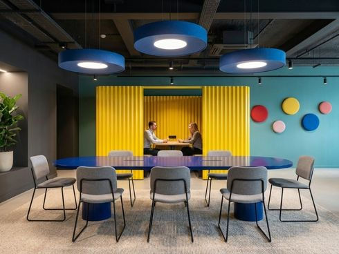 blue acoustic drum hanging lights.