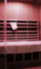 Eye-level view of a cozy infrared sauna interior