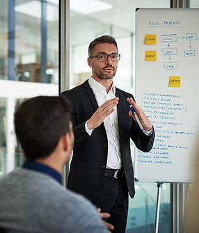 Man, presentation and business strategy for planning, budget and project management in off