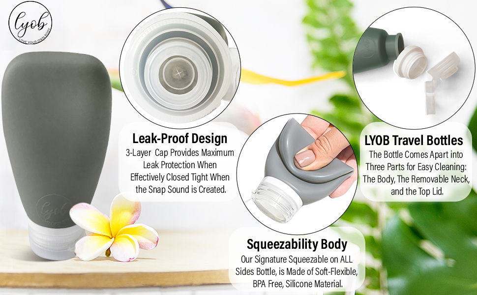 Thumbnail: LYOB's Travel Bottles Eco-friendly, Squeezable on All sides bottles, No-Drip Valve Leakproof Top