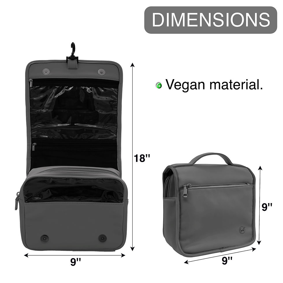 LYOB Gray Hanging Travel Toiletry Bag Vegan Leather with dimensions