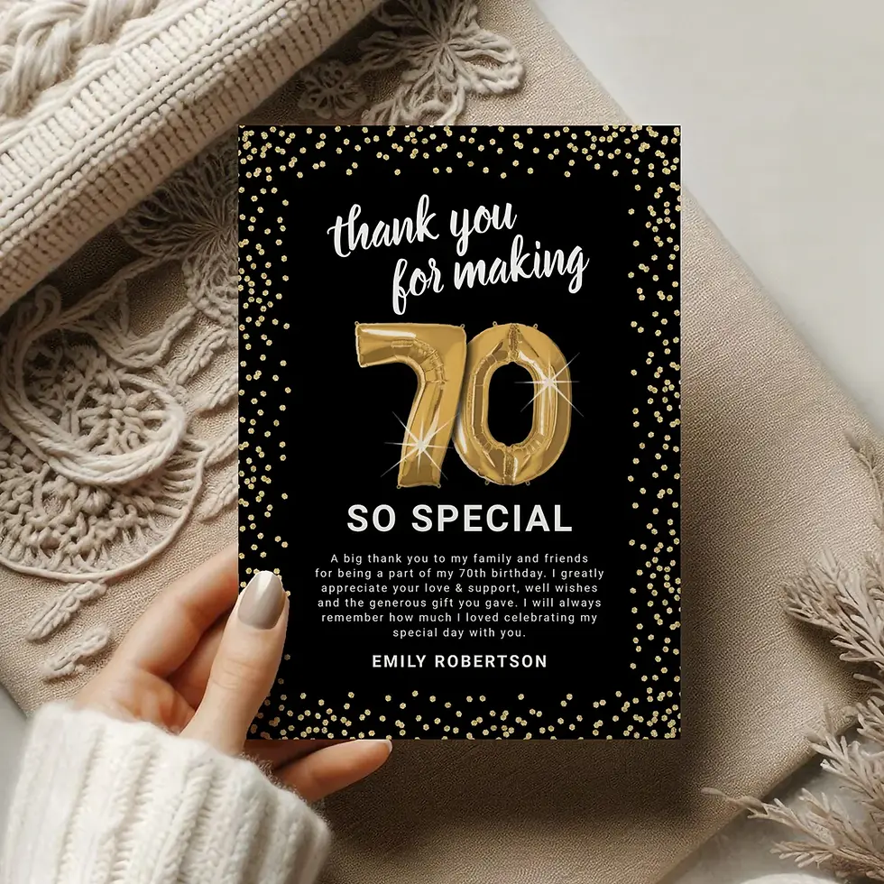 black and gold 70th birthday thank you card
