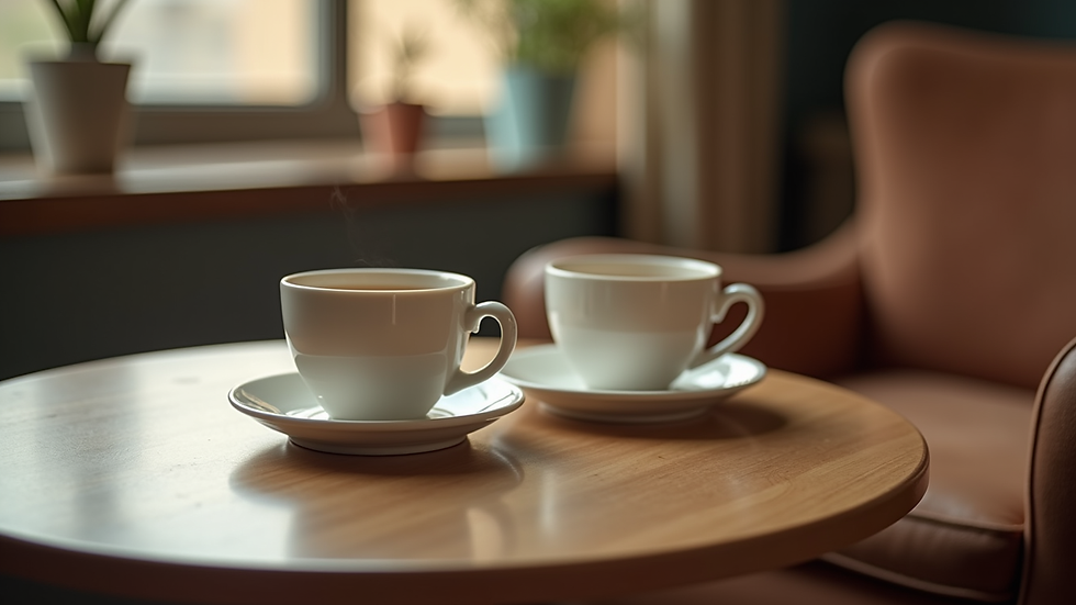 Close-up view of two cups of tea on a small table in a cozy room