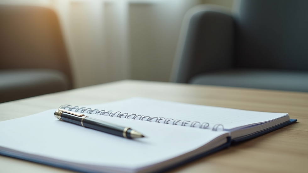 Close-up view of a notebook and pen on a counselling desk ready for a session