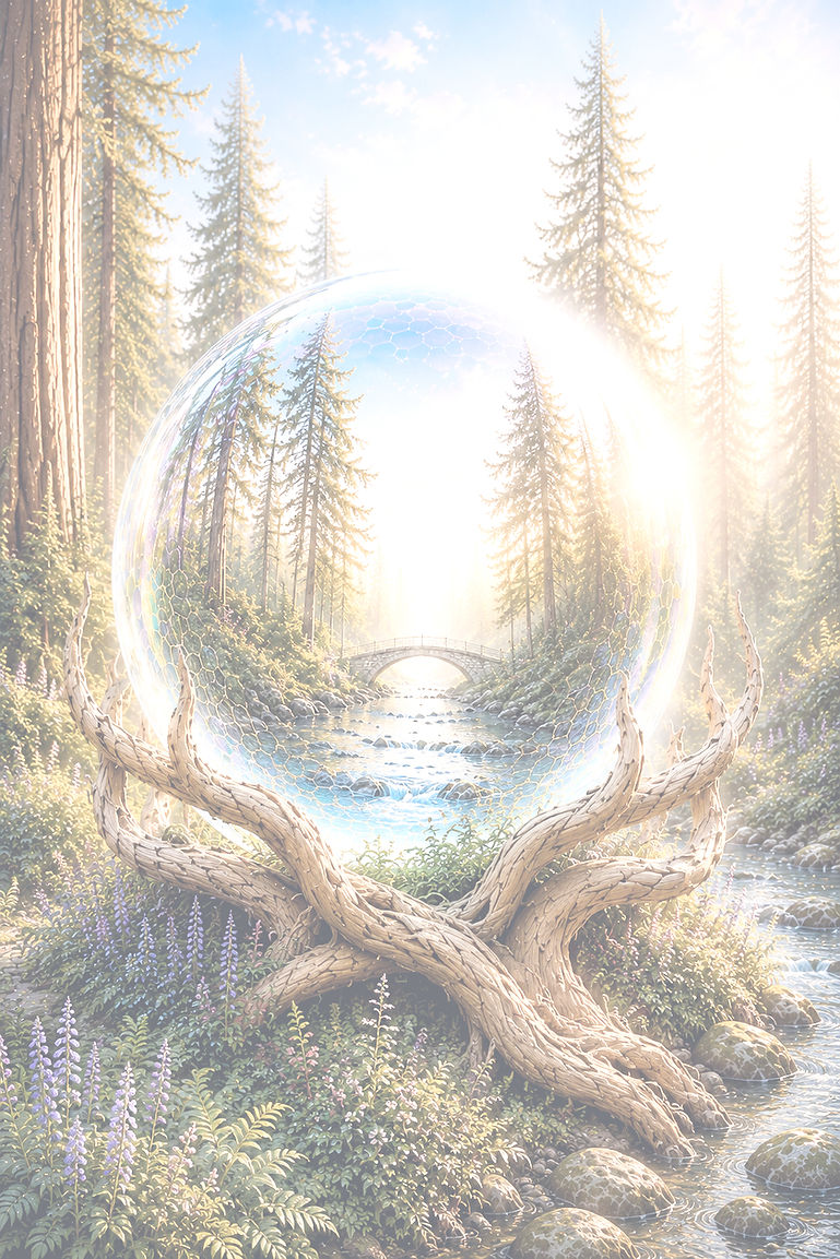 Mystical crystal ball nestled among tall forest trees, symbolizing spiritual healing and hypnotherapy