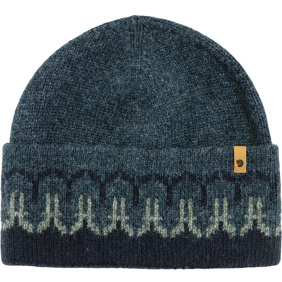 front of a Fjallraven - Ovik Path Knit Beanie - Dark Navy-Navy