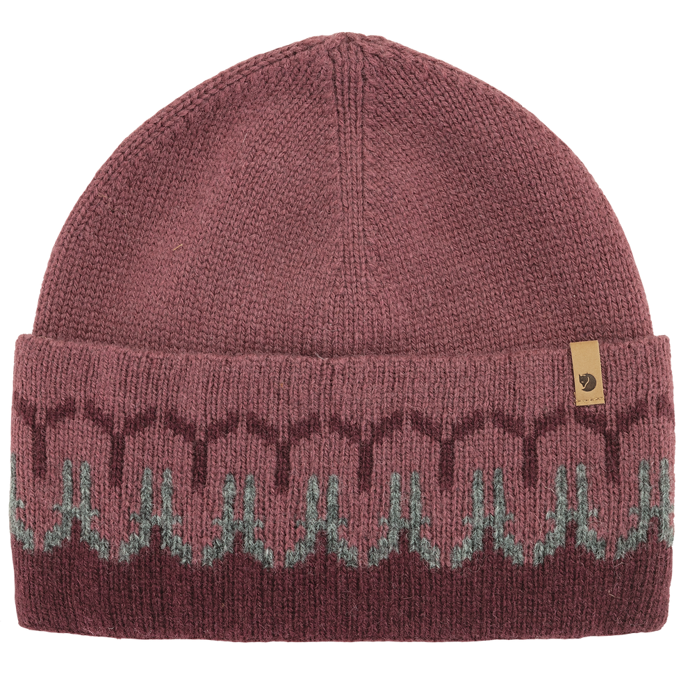 front of a Fjallraven -Ovik Path Knit Beanie - Dark Garnet-Messa Purple