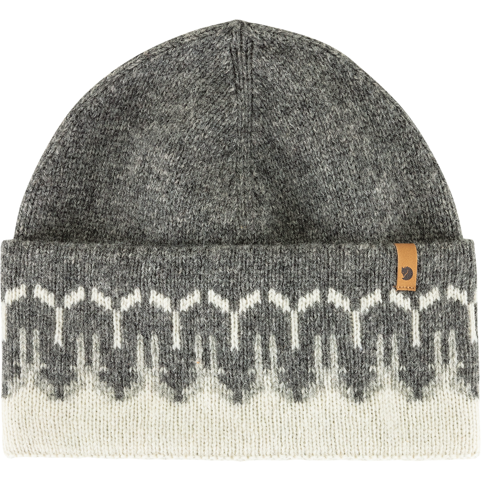 front of a Fjallraven -Ovik Path Knit Beanie - Chalk white-Grey
