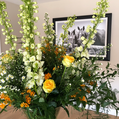 Delphiniums roses and country flowers by blomster designs flowers at Four Seasons Hampshire