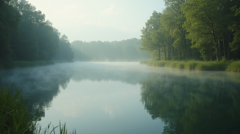 Close-up view of a serene nature scene with a calm lake and trees