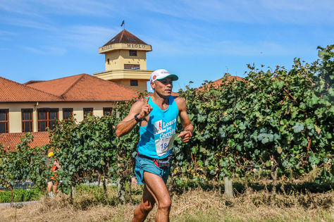 Corredores brindando na chegada da Wine Run Vale dos Vinhedos, celebrando a união do esporte e do vinho.