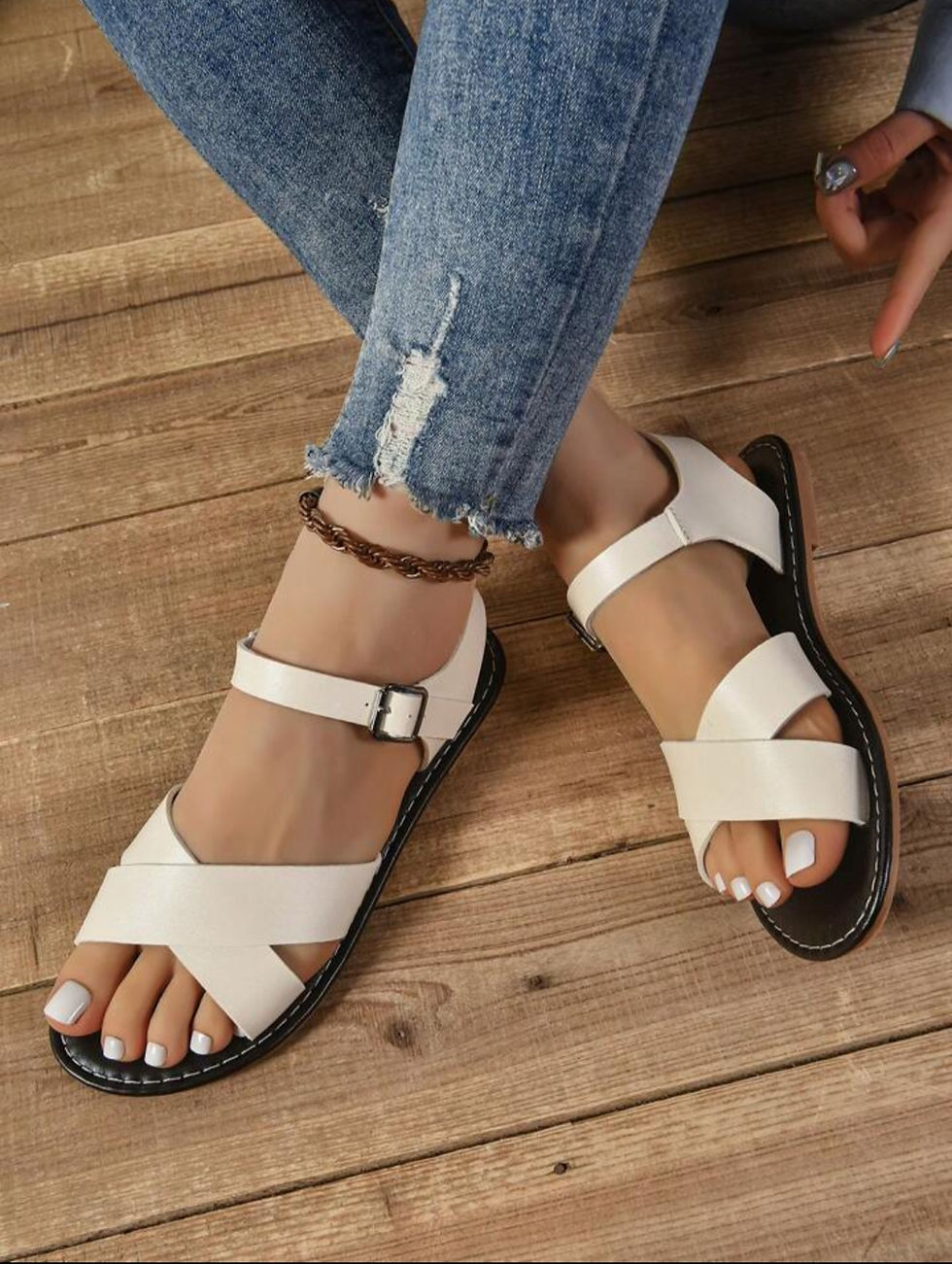 Urban Elegance White Cross-Strap Leather Sandals
