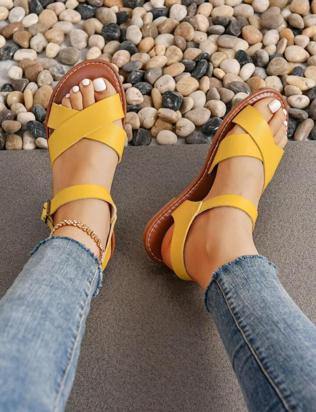 Sunny Days Yellow Cross-Strap Leather Sandals