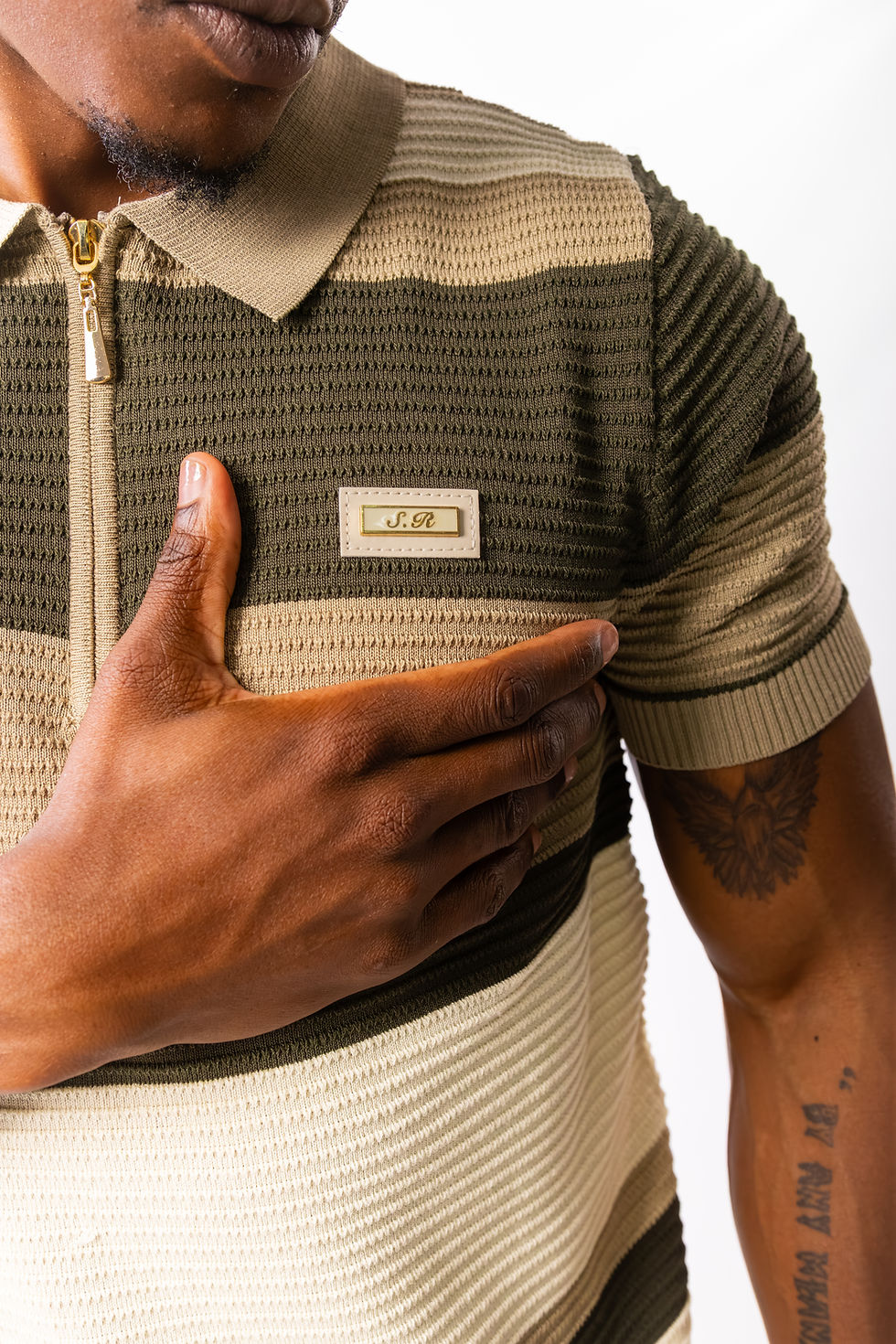 Thumbnail: Knitted SR Golf Shirt - Khaki Stripe