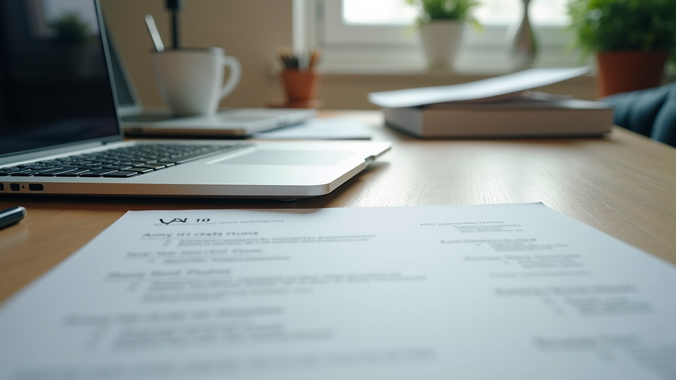 Eye-level view of a neat desk with a laptop and a CV document