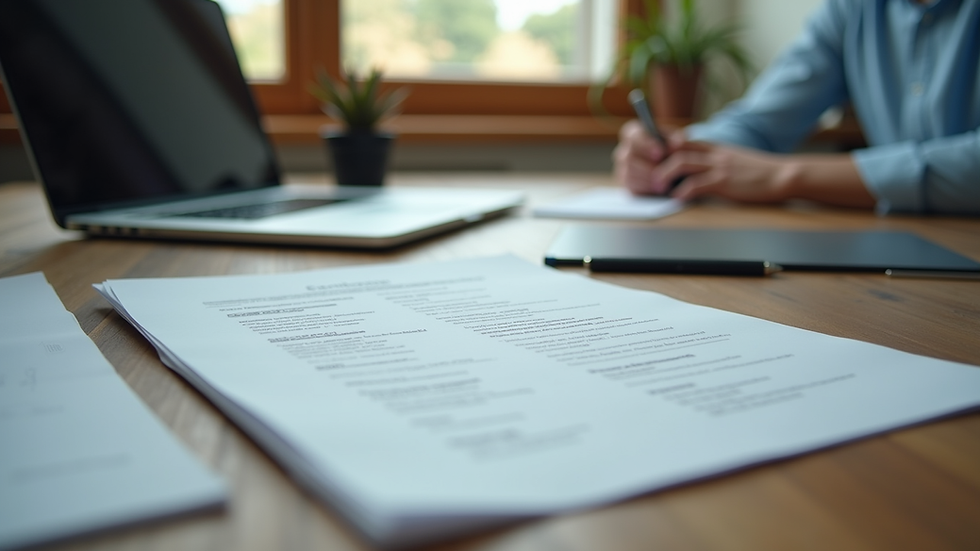 Eye-level view of a neat desk with a laptop and a CV document