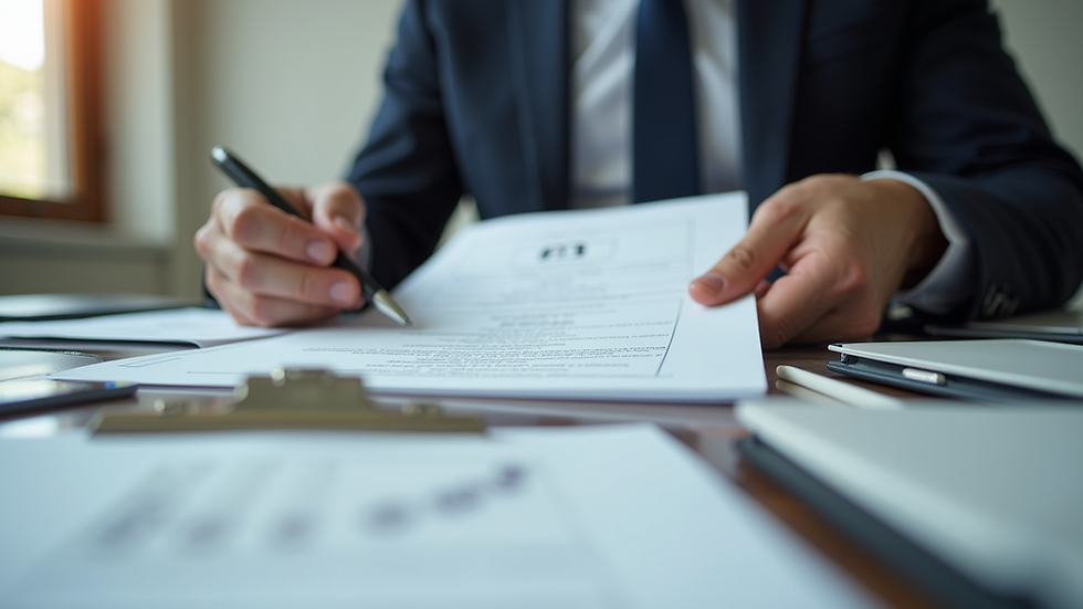 Eye-level view of a professional reviewing a CV document on a desk