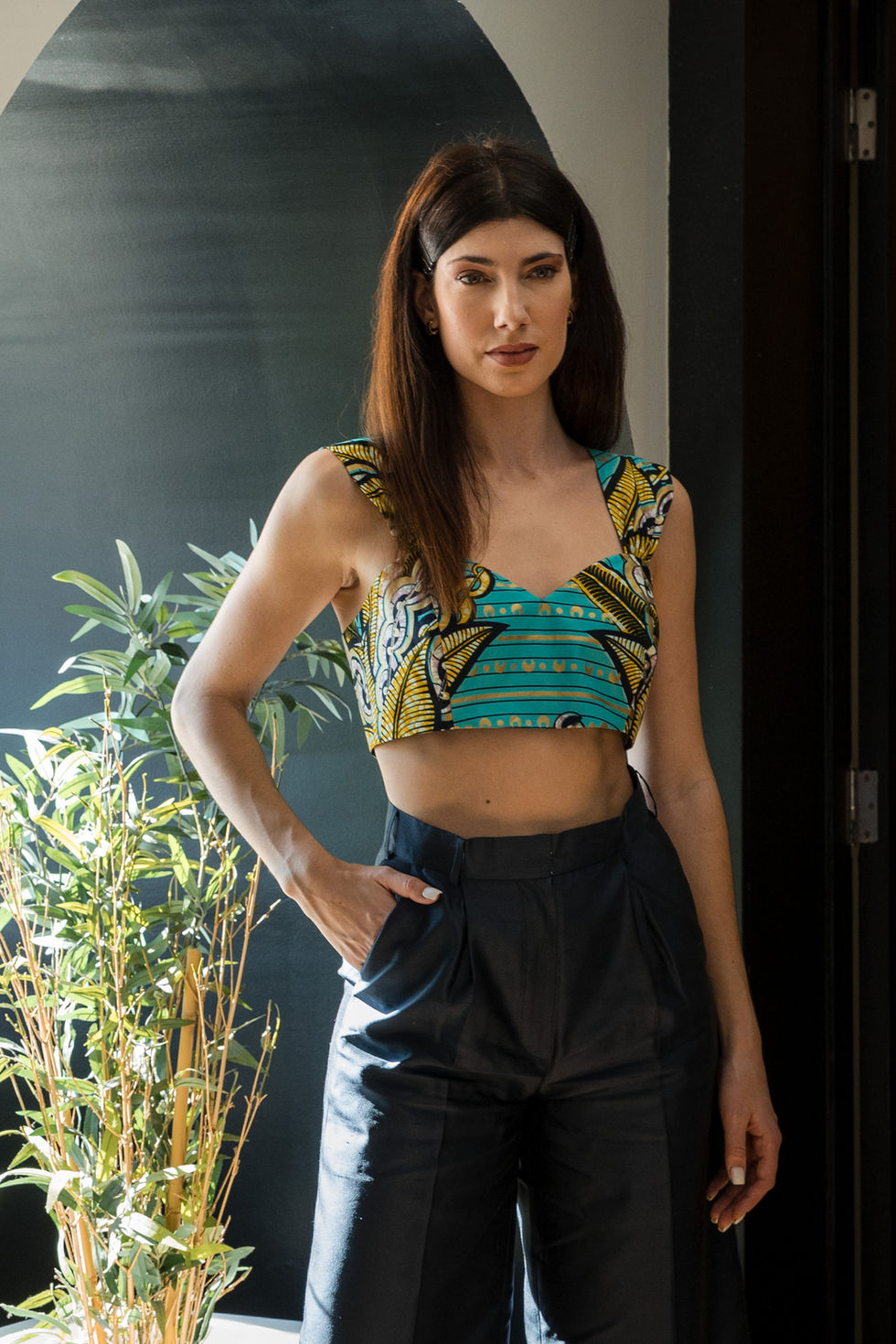 blue african printed crop top with a dark blue silk bermuda shorts