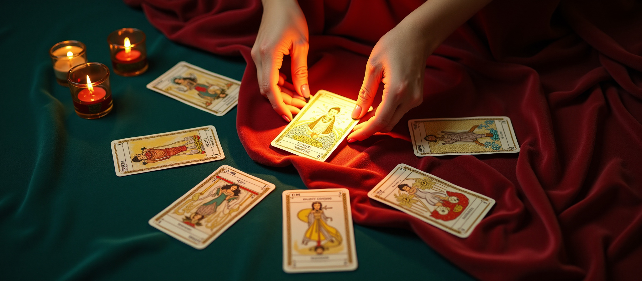 女性の手は、金色のカードを照らしています。カードは、占い、運命、そして神秘です。