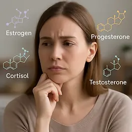 Woman thinking about hormonal imbalance with estrogen, progesterone, cortisol, and testosterone levels visualized - Hormonal Imbalance Test Dubai by Dr. Kubra Altintas.