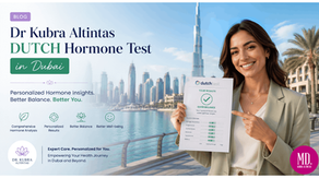 A promotional banner for the DUTCH Hormone Test in Dubai by Dr. Kubra Altintas. On the right, a smiling woman in a beige blazer points to a "dutchtest" report showing balanced results. The background features the Dubai skyline with the Burj Khalifa. The left side displays the heading "Dr Kubra Altintas DUTCH Hormone Test in Dubai," alongside Dr Kubra Altintas' s logo on right bottom side.