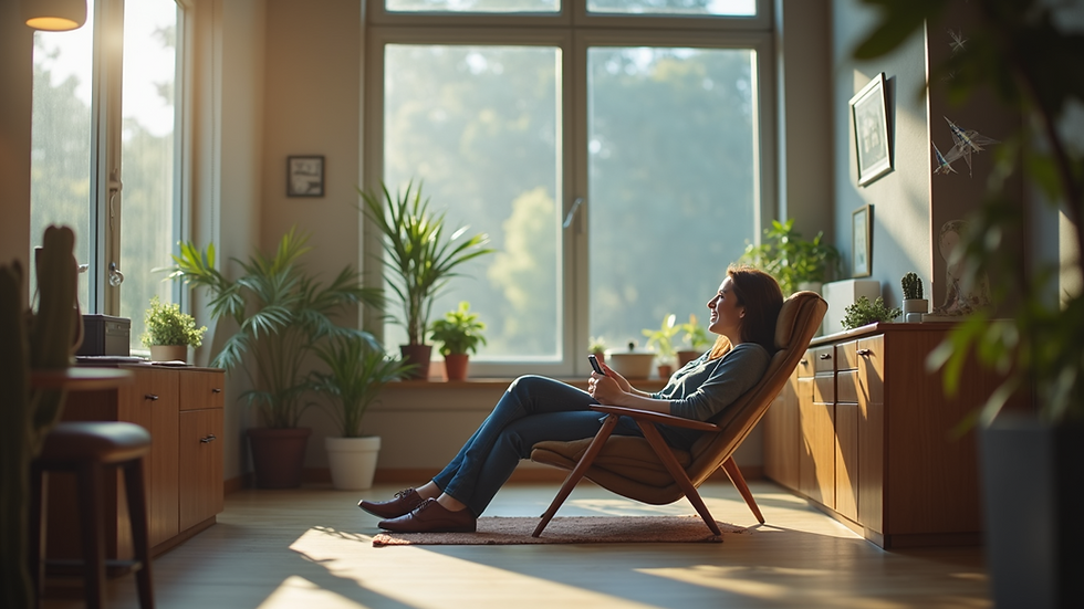 Eye-level view of a relaxed employee taking a break in a cozy office space