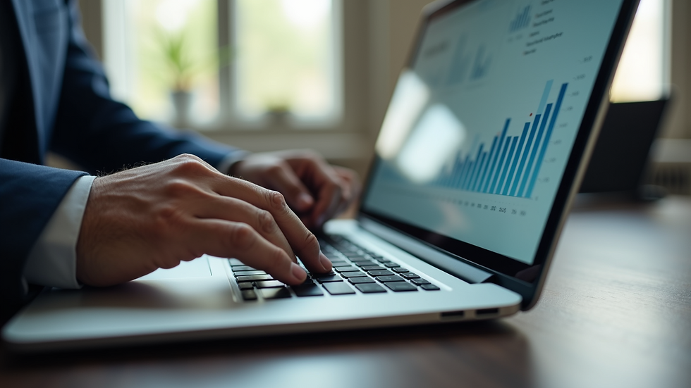 Close-up view of a mortgage professional analyzing data on a laptop