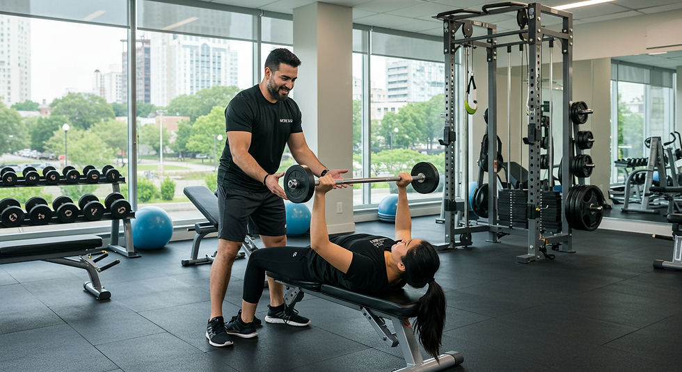 personal Trainer assists woman lifting barbell on bench in bright gym. Weights and exercise equipment in background. Outside view of cityscape.