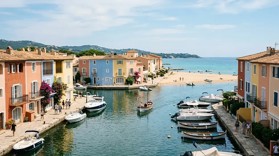 Canaux de Port Grimaud, maisons colorées et petite plage de sable paisible.