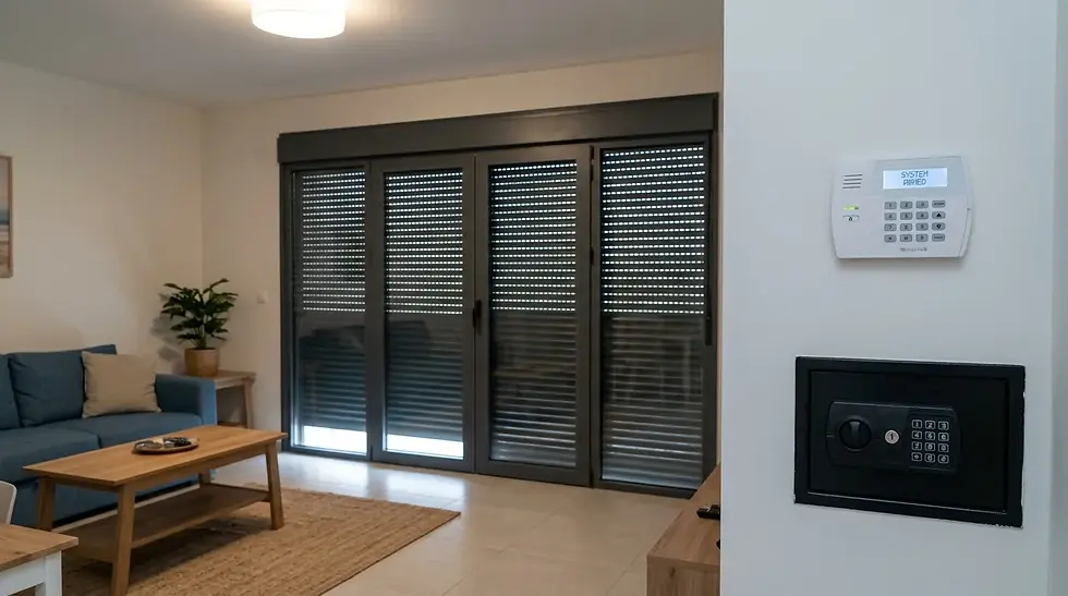 Appartement de vacances en bord de mer, avec coffre mural, clavier d’alarme et volets fermés.