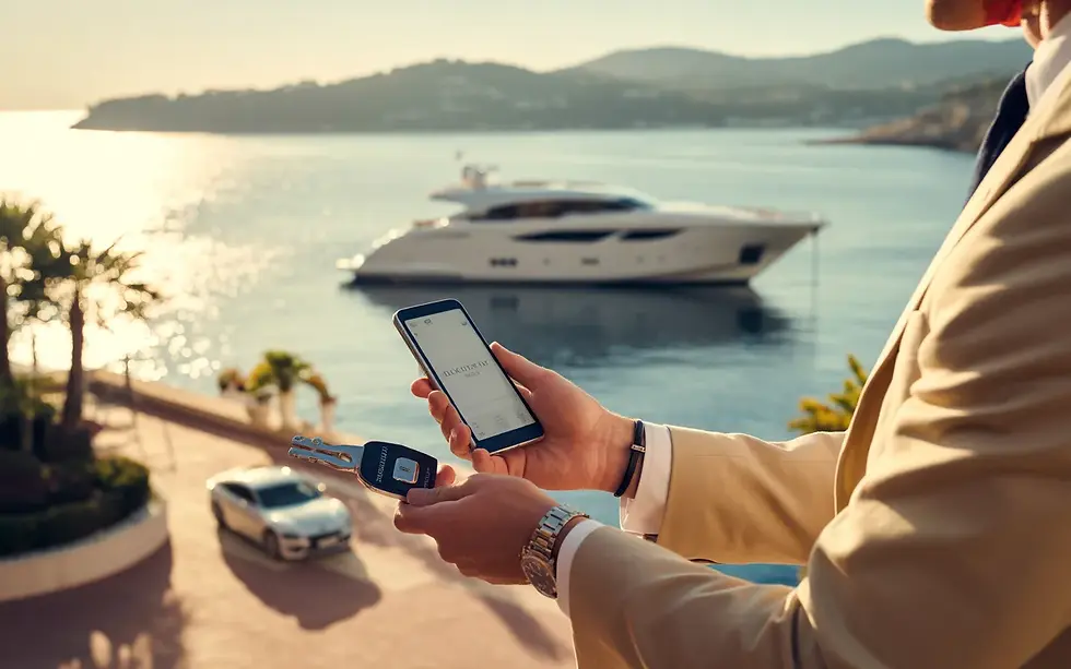 Terrasse élégante surplombant une marina au coucher de soleil, main de concierge en blazer clair tenant un smartphone minimaliste, yacht blanc, voiture grand tourisme et champagne, ambiance Riviera — conciergerie de luxe Golfe de Saint-Tropez.