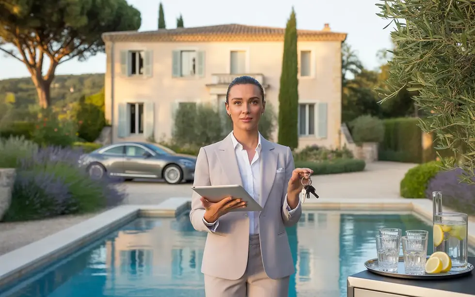 Conciergerie Grimaud : concierge chic avec clés et tablette devant une villa provençale haut de gamme à Grimaud, piscine et jardin méditerranéen au coucher du soleil, valise, plateau d’accueil et voiture premium en arrière-plan.