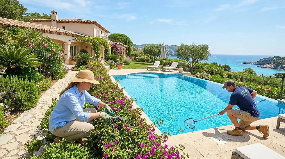 Jardinier et technicien piscine entretiennent la villa, sous un soleil éclatant.