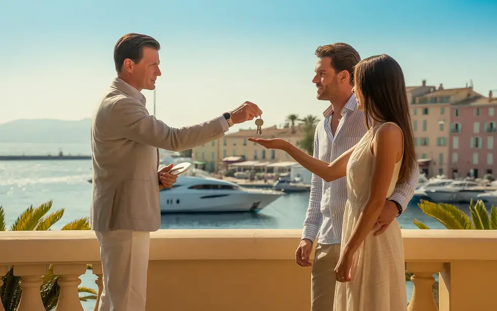 Service de conciergerie Saint-Tropez : concierge de luxe remettant une clé de villa à un couple, port avec yachts et façades pastel à la golden hour, ambiance Côte d’Azur.