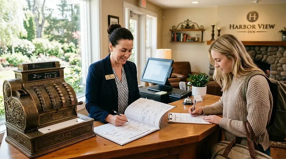 Hotelier consultant le planning des réservations, client signant un formulaire, ambiance voyage lumineuse.