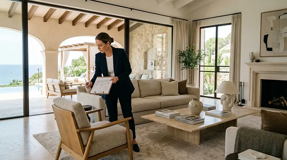 Intérieur de villa luxueuse, personne inspectant les meubles avec un clipboard, lumière naturelle.