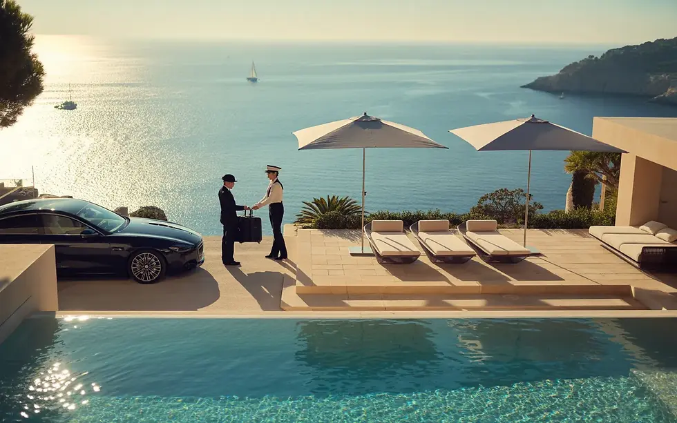 Vignette photoréaliste luxe : conciergerie villa Saint-Tropez, villa contemporaine surplombant la Méditerranée à la golden hour, piscine à débordement, terrasse en pierre claire, mobilier outdoor premium, chauffeur ouvrant une portière et employé discret avec plateau/valises, mer scintillante et végétation méditerranéenne.