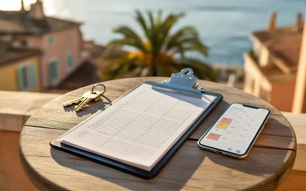Vignette photoréaliste premium de gestion locative Saint-Tropez : clipboard checklist sans texte, smartphone calendrier sans mots, trousseau de clés et stylo sur table en bois clair, terrasse méditerranéenne avec port en bokeh, façades pastel et lumière dorée.