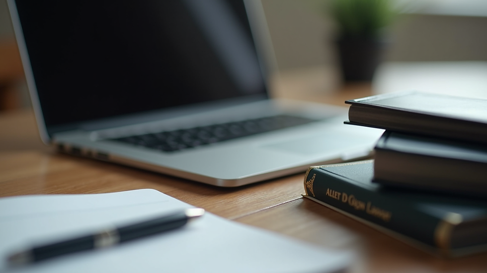 Close-up view of legal books and a laptop on a lawyer’s desk