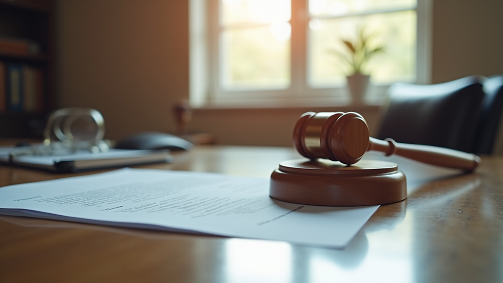 Eye-level view of a law office desk with legal documents and a gavel