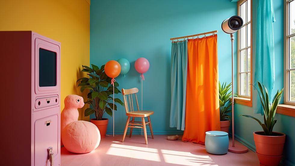 Eye-level view of a colourful photo booth setup with various decorative props