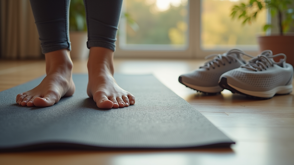 Close-up view of yoga mat with blocks and runner’s shoes nearby